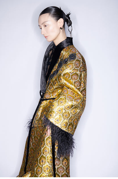 M essential Mackay gold banner jacquard crochet embroidery tunic coat - furbu.