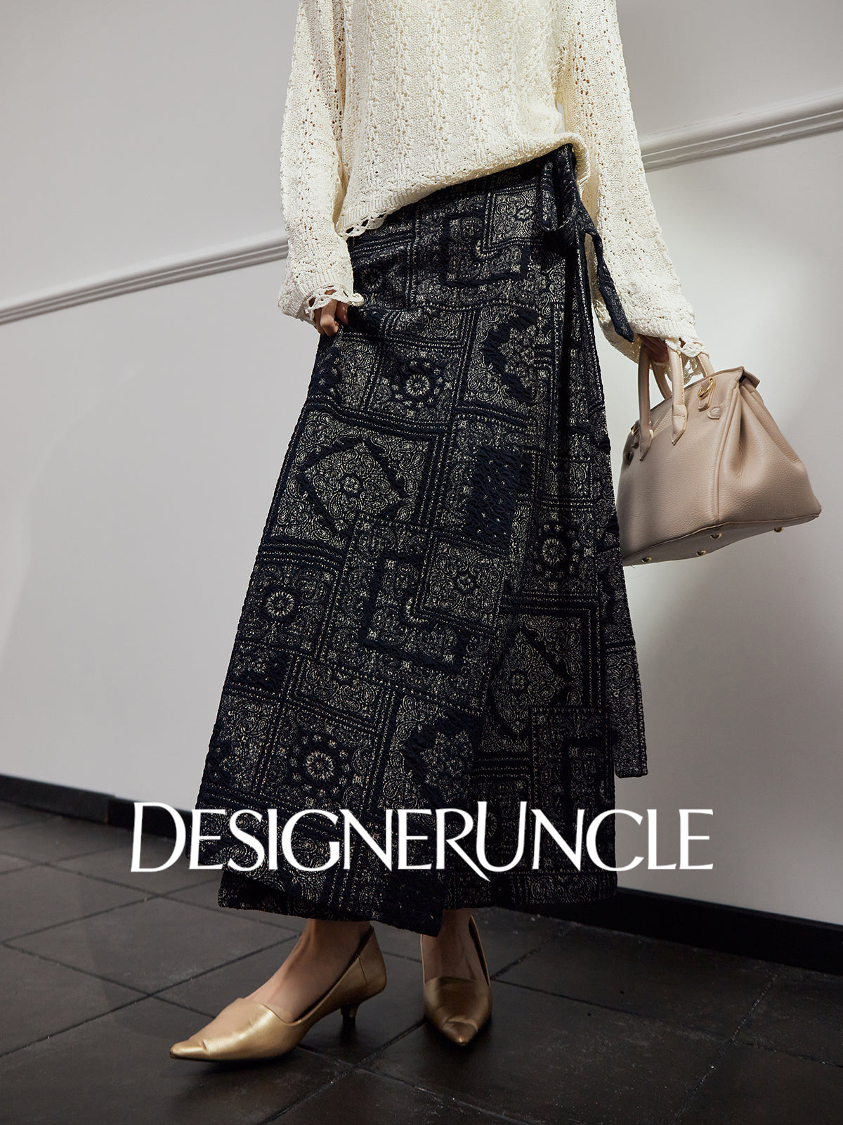 DGU|Dark Blue Printed Retro Lazy Style Design High-waisted A-Line Skirt - Antonio.