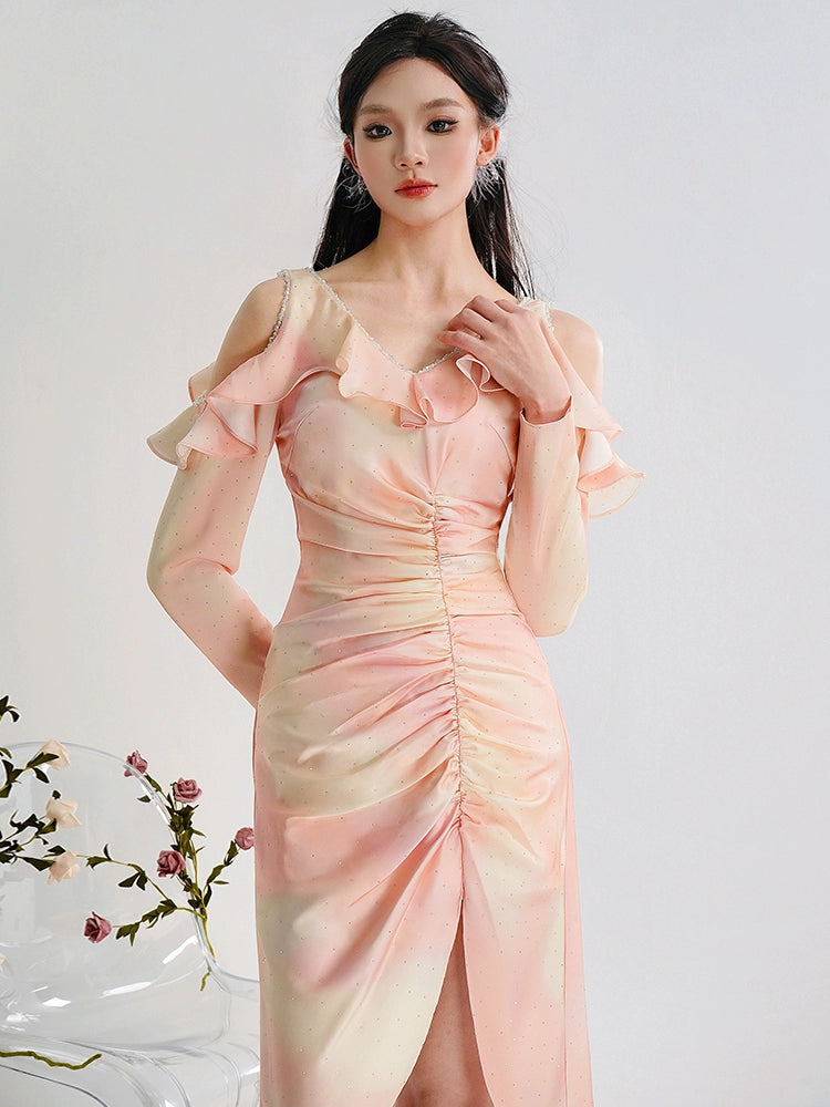 CHECOCRE Elegant Pink Smudge Sexy Off-the-shoulder Slit Midi Dress - CHERRY