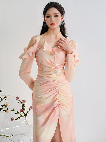 CHECOCRE Elegant Pink Smudge Sexy Off-the-shoulder Slit Midi Dress - CHERRY