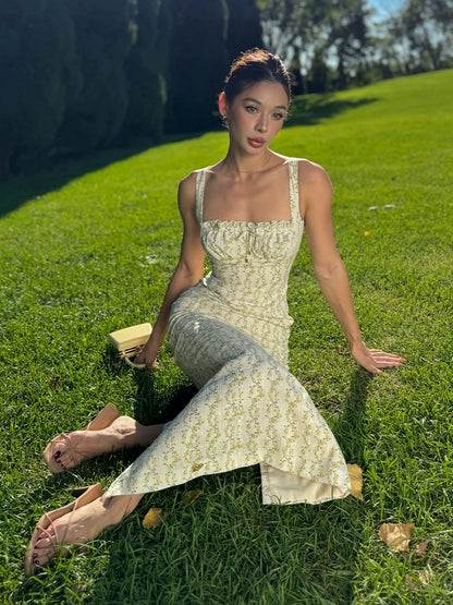 Le Palais Vintage floral goose yellow cotton slim maxi dress-BERRY.