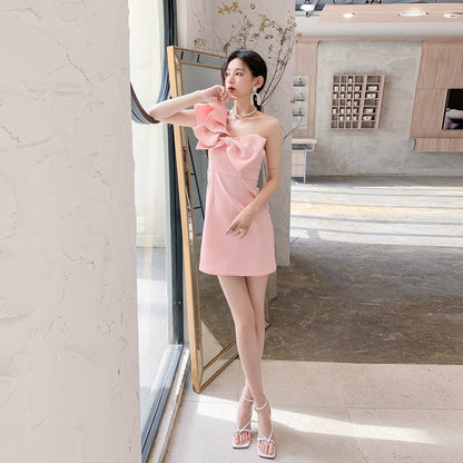 DOLLY Luxury Slant Collar Sleeveless Big Bow Ruffle Short Birthday Dress-MAYE