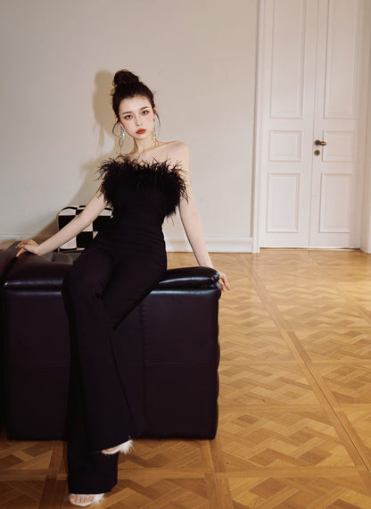 DOLLY High End Black Sleeveless Feather Tube Top Long Flared Pant Jumpsuit-PALMER