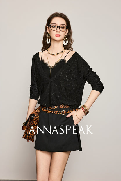 ANNASPEAK wool bead piece V-neck knit-SACE.