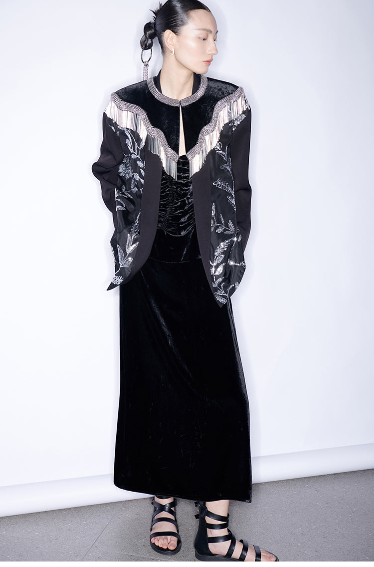 M essential Mackay designer silk-velvet crewneck tassel cape blazer dress set-  Benny.