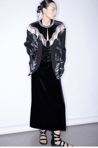 M essential Mackay designer silk-velvet crewneck tassel cape blazer dress set-  Benny.