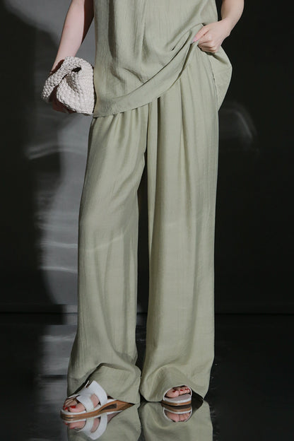 PIAOIN texture linen silk stand up collar sleeveless t-shirt women's straight pants - ARIA