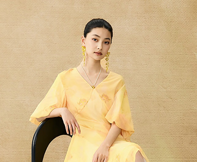 HECO Chinese Floral V-neck Asymmetric Hem Long Dress - DOMINION.