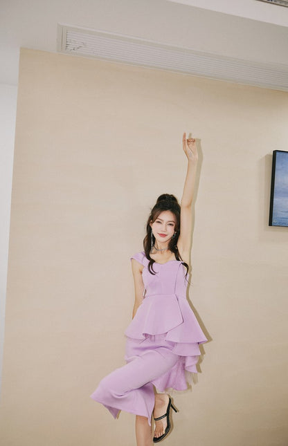 DOLLY High End Ruffled Fake Two Piece French Lace Off Shoulder Midi Office Dress-BRYONY