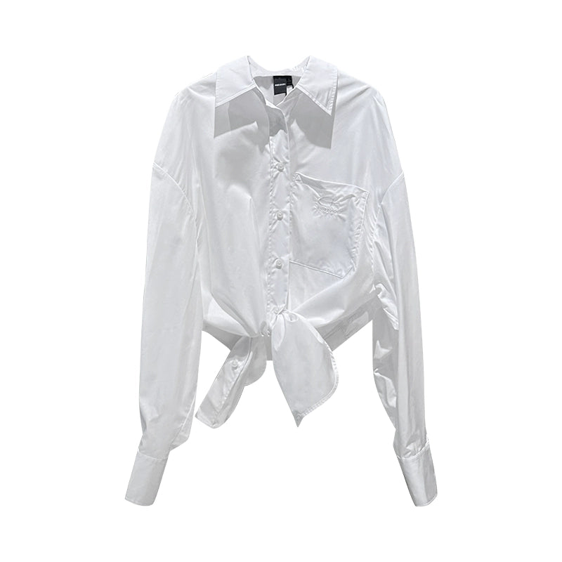 ANNAKIKI White Knotted Casual Shirt Loose Long Sleeve Shirt-PHARELLE