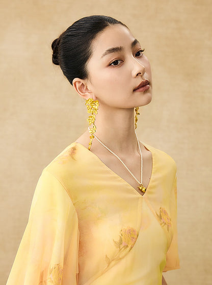 HECO Chinese Floral V-neck Asymmetric Hem Long Dress - DOMINION.