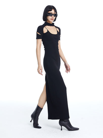 TINY IN fake two-piece deconstructed knitted back slit midi black dress -PUPIN