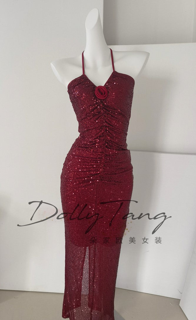 DOLLY Elegant Burgundy Red Halter Neck Slim Fit Sequin Long Cocktail Dress-KIKI (V)