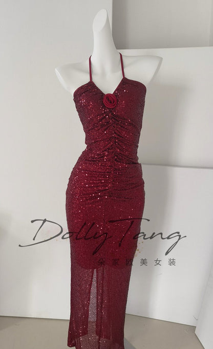 DOLLY Elegant Burgundy Red Halter Neck Slim Fit Sequin Long Cocktail Dress-KIKI (V)