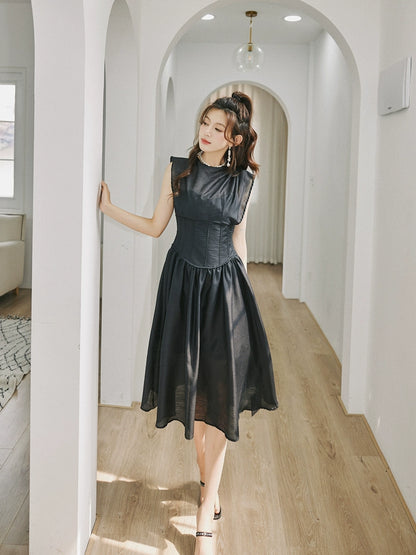 DOLLY High End Black Retro Flying Sleeve Pleated High Waist Midi Office Dress-BRANCA