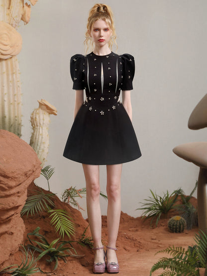 CHECOCRE summer new commuter open waist puff sleeve heavy industry beaded dress - TUOR