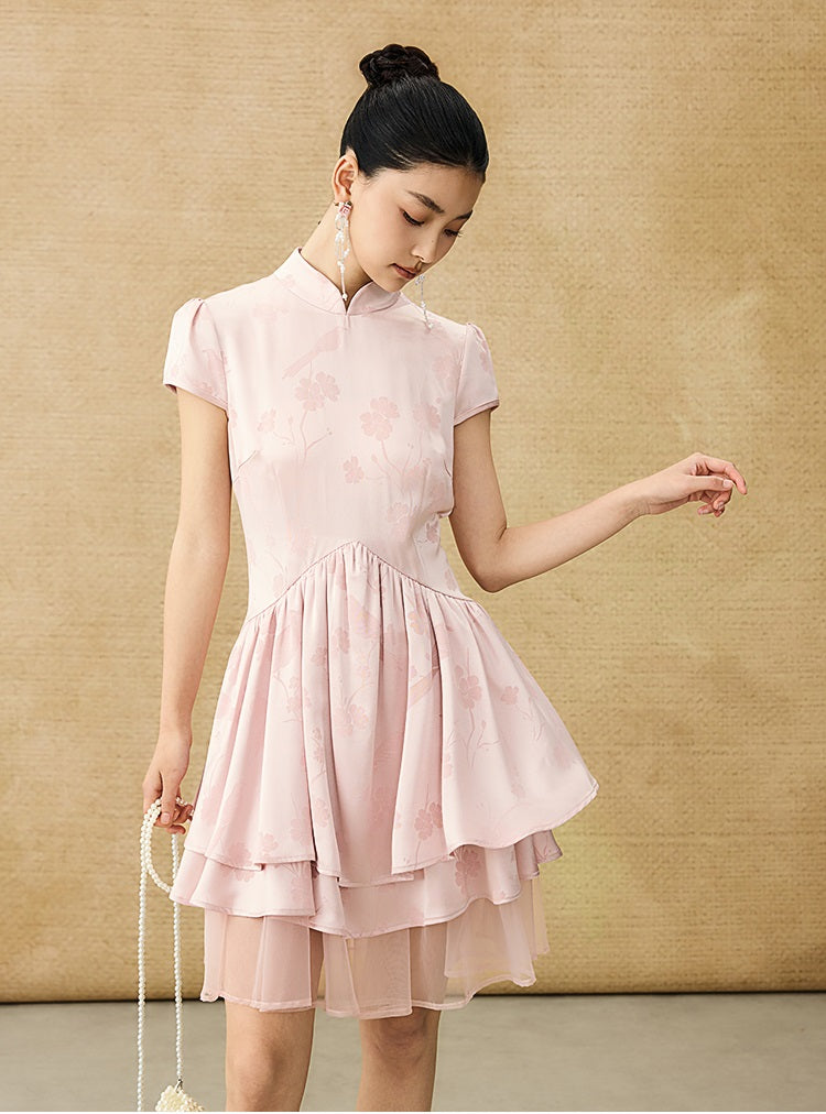 HECO Acetate Jacquard Midi Tiered Cap Sleeves Dress - HEART.