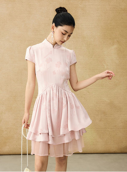 HECO Acetate Jacquard Midi Tiered Cap Sleeves Dress - HEART.