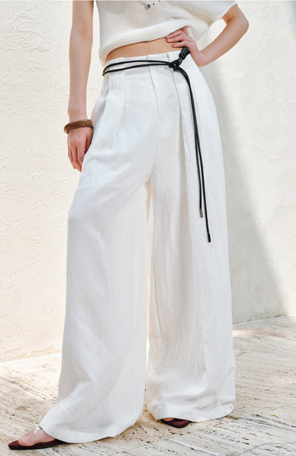 WANGXO |Linen Delicate Knit Slant Shoulder Top & Tailored Straight Pants with Airy Elegance Suit Set -RAYA