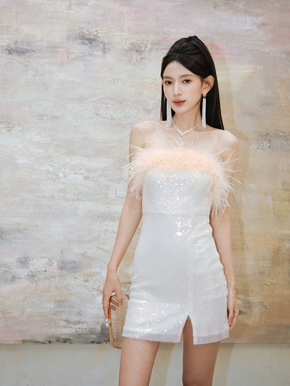 DOLLY High End Off White Feather Tube Top Sequin Short Slit Party Dress-PANTI