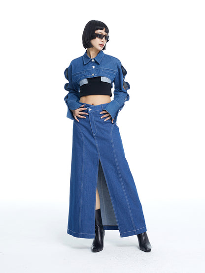 TINY IN large slit long three-dimensional denim skirt -MANNIE