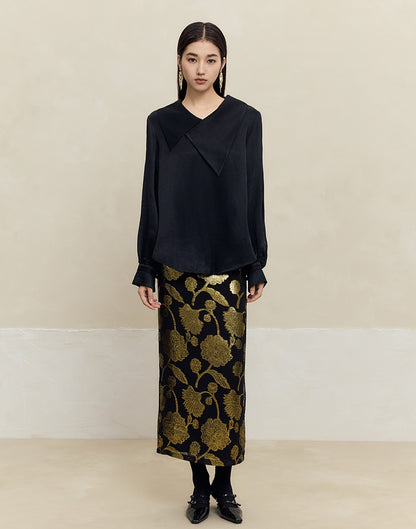HECO 100% mulberry silk black Cut Flower Silk Skirt Women - power.