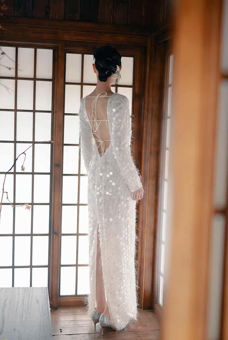 GOUDIN Long sleeved white engagement dress -MINA.