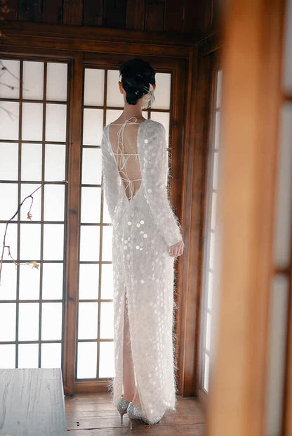 GOUDIN Long sleeved white engagement dress -MINA.