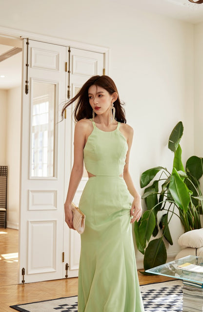 DOLLY Elegant Light Green Sleeveless Halter Neck Backless Long Cocktail Dress-OPRAH