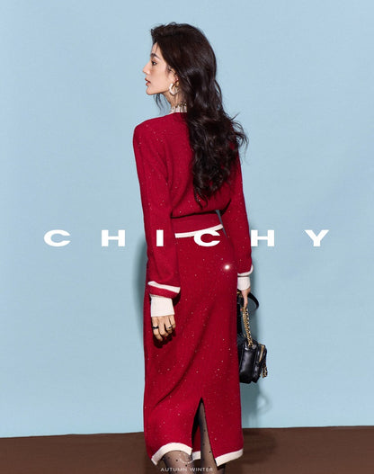 CHICHY classic red knitted cardigan half-length skirt two-piece set-BEN