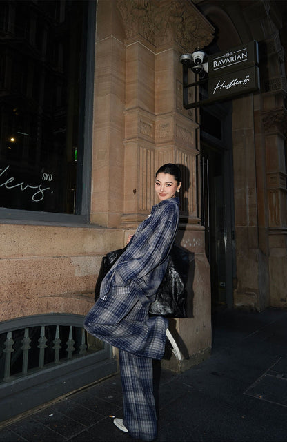 MEI SANGUAN Plaid Long-Sleeve Shirt & Wide-Leg Pants Suit- BENNY