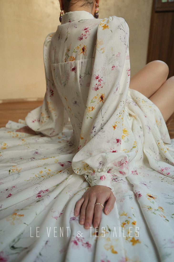 LE VENT&TES AILES Luxury summer vacation floral print Fancy Midi Dress-ZOE