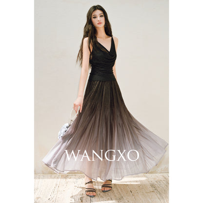WANGXO |High-Waisted Umbrella Hem Romantic Skirt with Luxe Shimmer-LINA