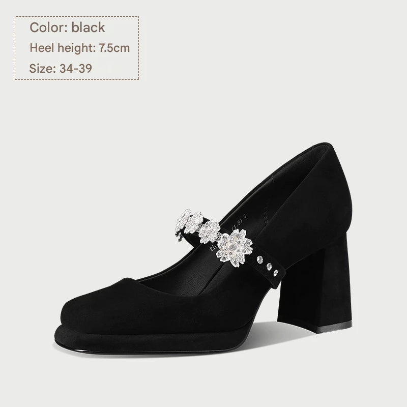 PJJUU Mary Jane black thick shoes with rhinestones - SWADE.