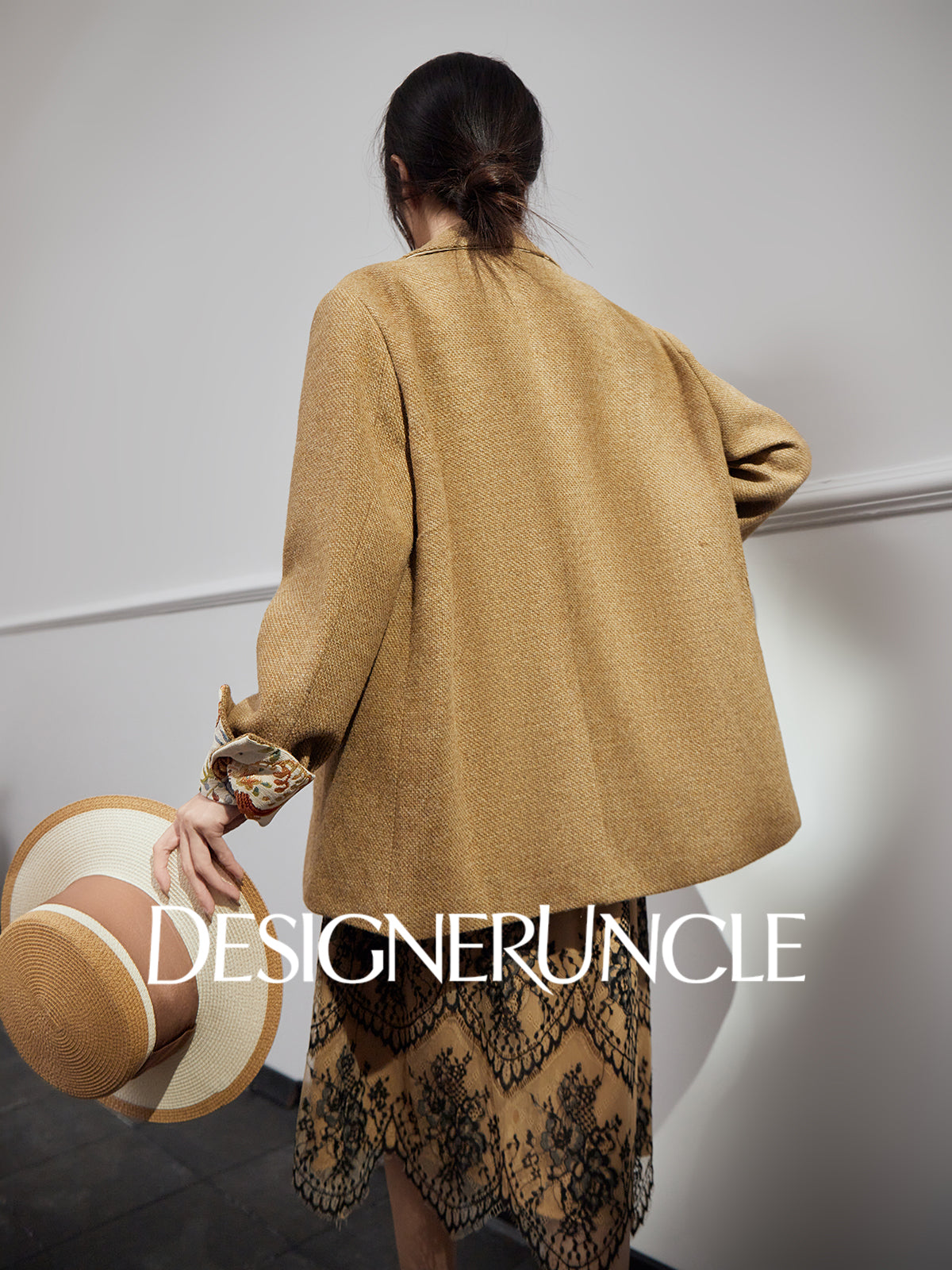 DGU| Coffee Suit Single-Breasted V-Neck Knitted Cardigan Woven Hip Skirt Set - MAKER.