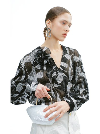 YES BY YESIR | Asymmetrical Ruffle Long Sleeve Shirt - SELVARA.