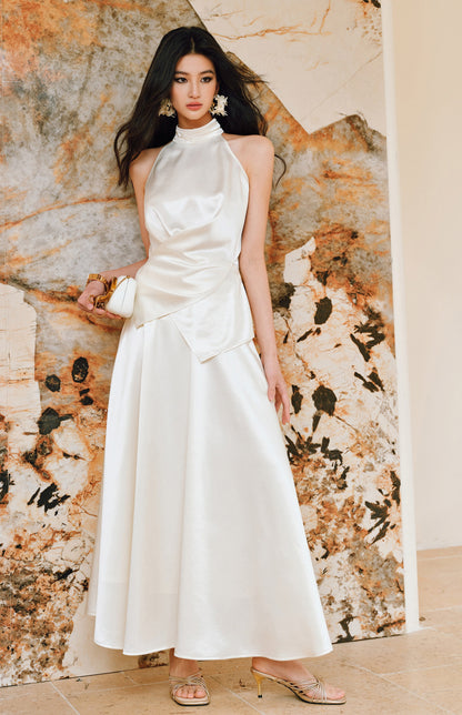 WANGXO | Pearl Lustrous Luxury Gilt Satin  Halterneck Folded Waist Top & High-Waisted Umbrella Skirt Set - ARIA