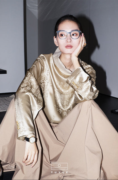 TUYUE Satin Calligraphy Dark Pattern High Neck Breasted Straight Shirt- KAYLA.