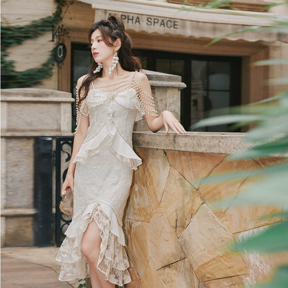 DOLLY Elegant French Style Cream Ruffled Lace Fake Two Piece Midi Dinner Dress-KAKA