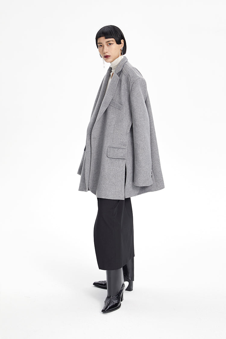 TINY IN misplaced silhouette wool women's midi grey coat -YAMO
