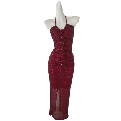 DOLLY Elegant Burgundy Red Halter Neck Slim Fit Sequin Long Cocktail Dress-KIKI (V)
