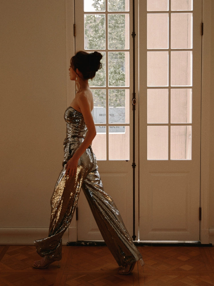 DOLLY Luxury Two Piece Sleeveless Sequin Tube Top + Long Sequin High Waist Flare Pants-THEA