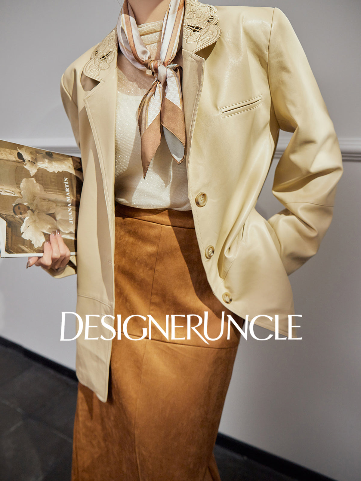 DGU|Beige jacket design sense niche temperament simple loose lapel cropped top - Stephania.