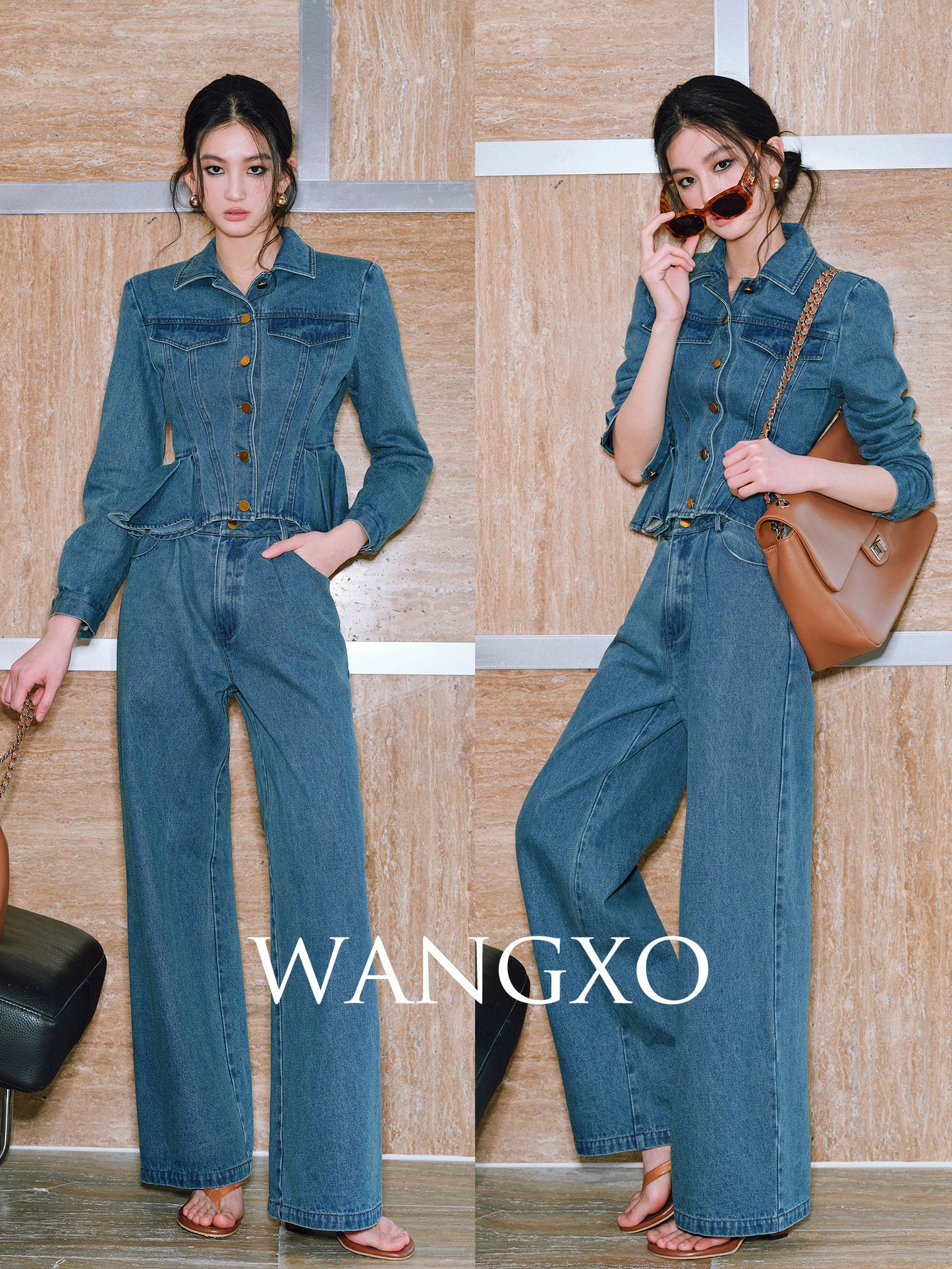 WANGXO| Flexible Cotton Denim Ruffle Top & Straight-Leg Pants- NAYA.