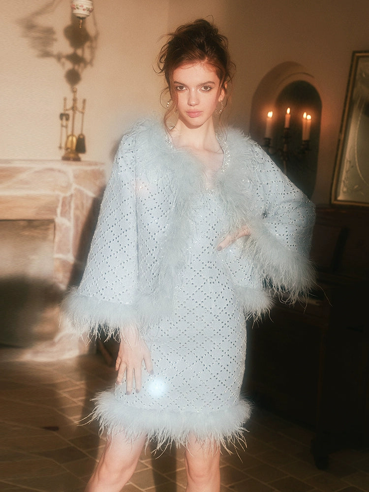 Wardrobes by Chen Luxury Long Sleeve Diamond Feather Jacket/ Strapless Dress-Red