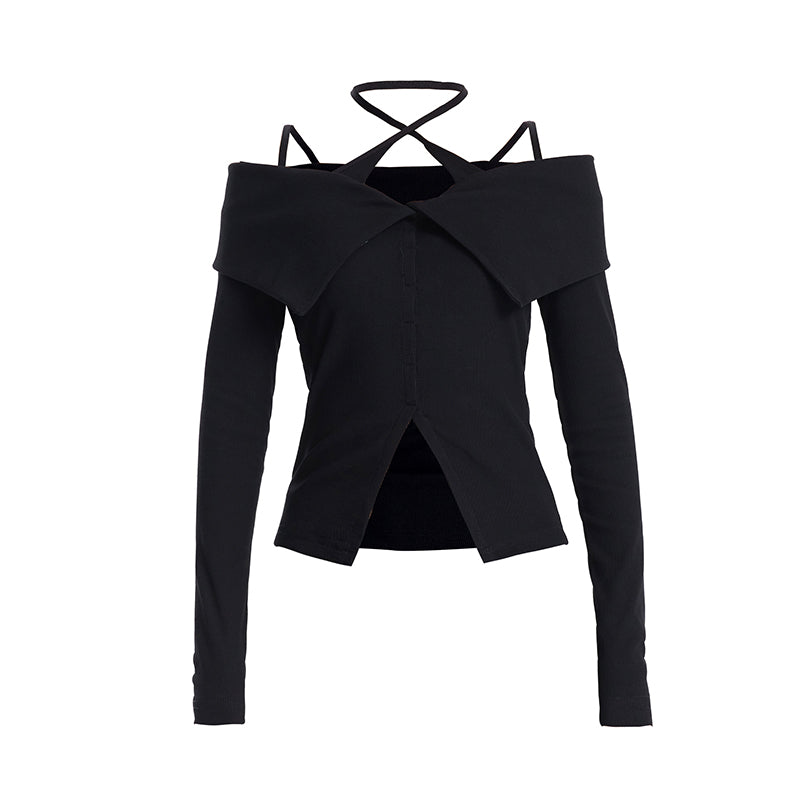 TINY IN crossover off-the-shoulder large lapel knitted long sleeve cut-out top-YOMI