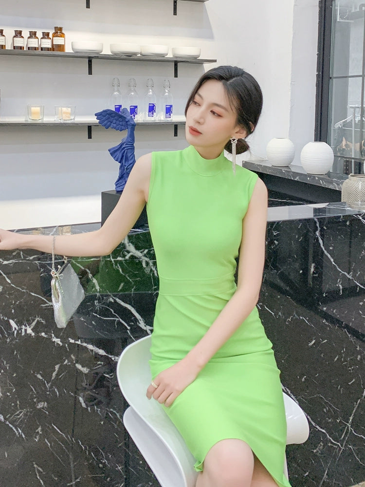 DOLLY High End Stand Collar Sleeveless Slim Fit Bandage Midi Dress-KYA