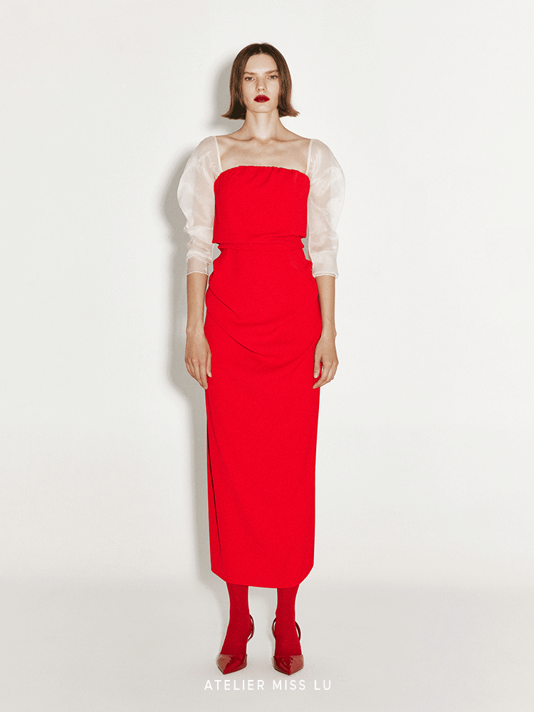 ATELIER MISS LU Irregular Pleated Bandeau Sleeve Dress - VEGA.