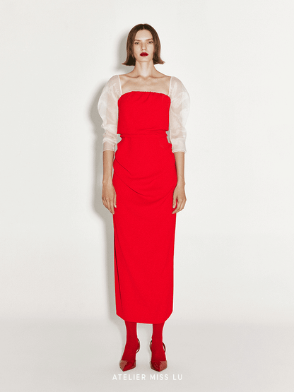 ATELIER MISS LU Irregular Pleated Bandeau Sleeve Dress - VEGA.