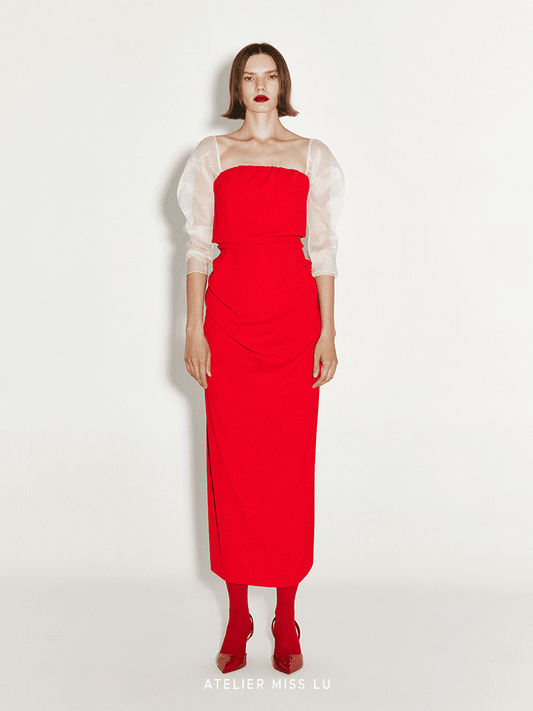 ATELIER MISS LU Irregular Pleated Bandeau Sleeve Dress - VEGA.